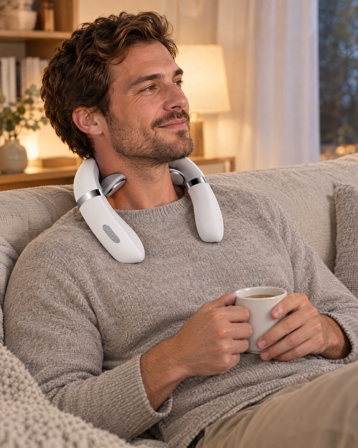 Man relaxing with a neck massager and a cup of tea