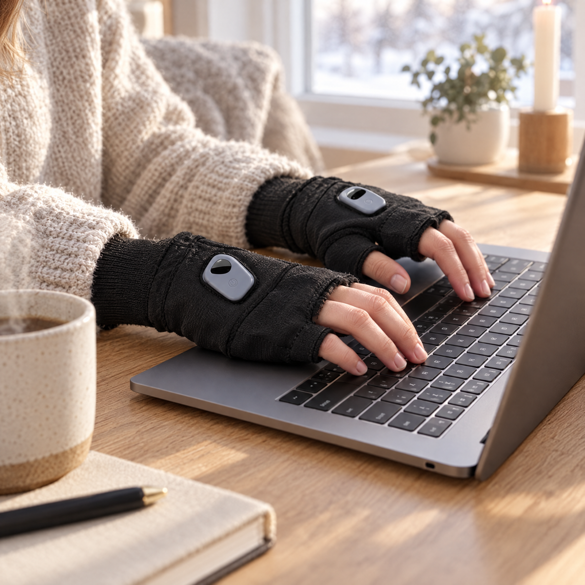 Hands in heated fingerless gloves typing on a laptop