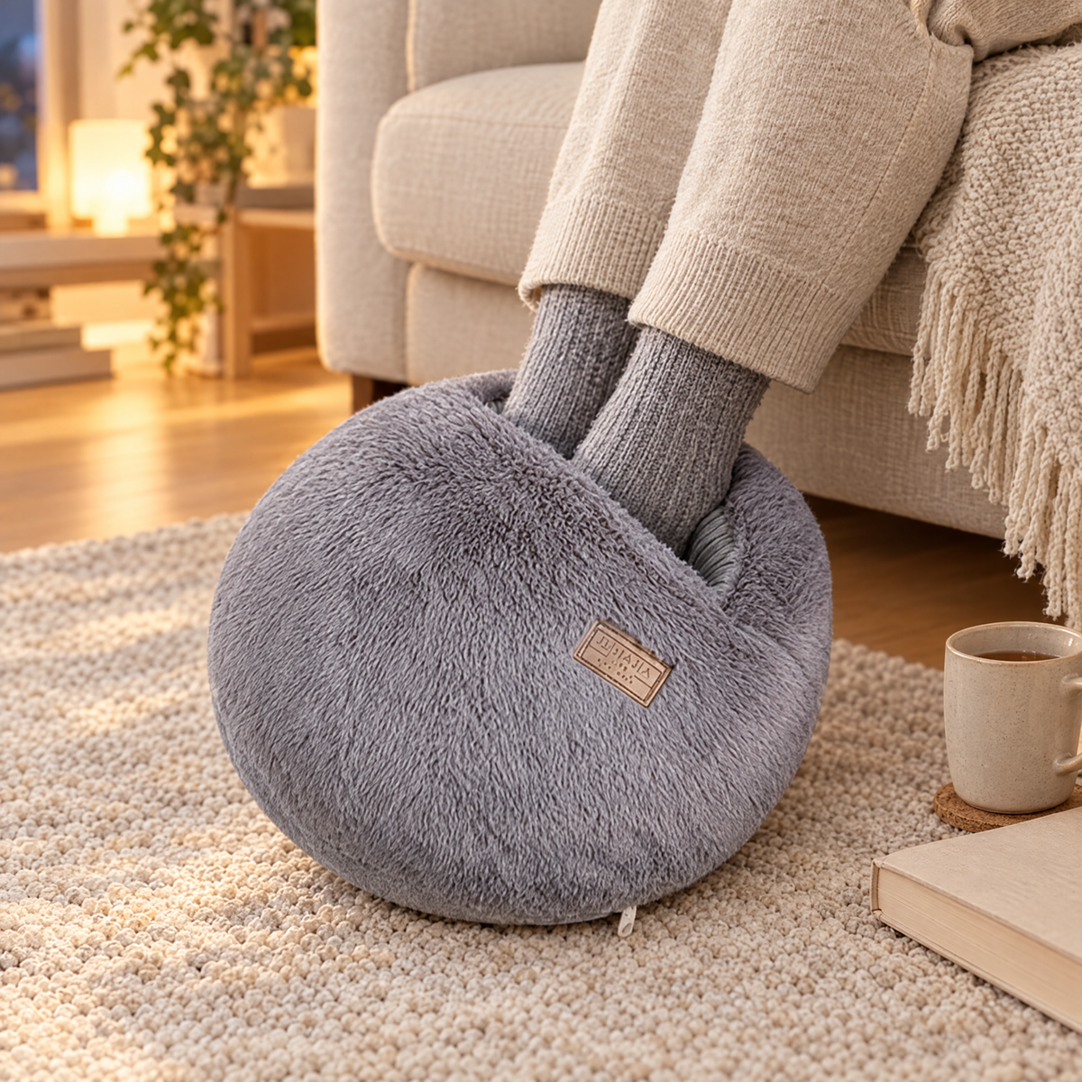 Feet in a plush heated foot warmer in a cozy living room