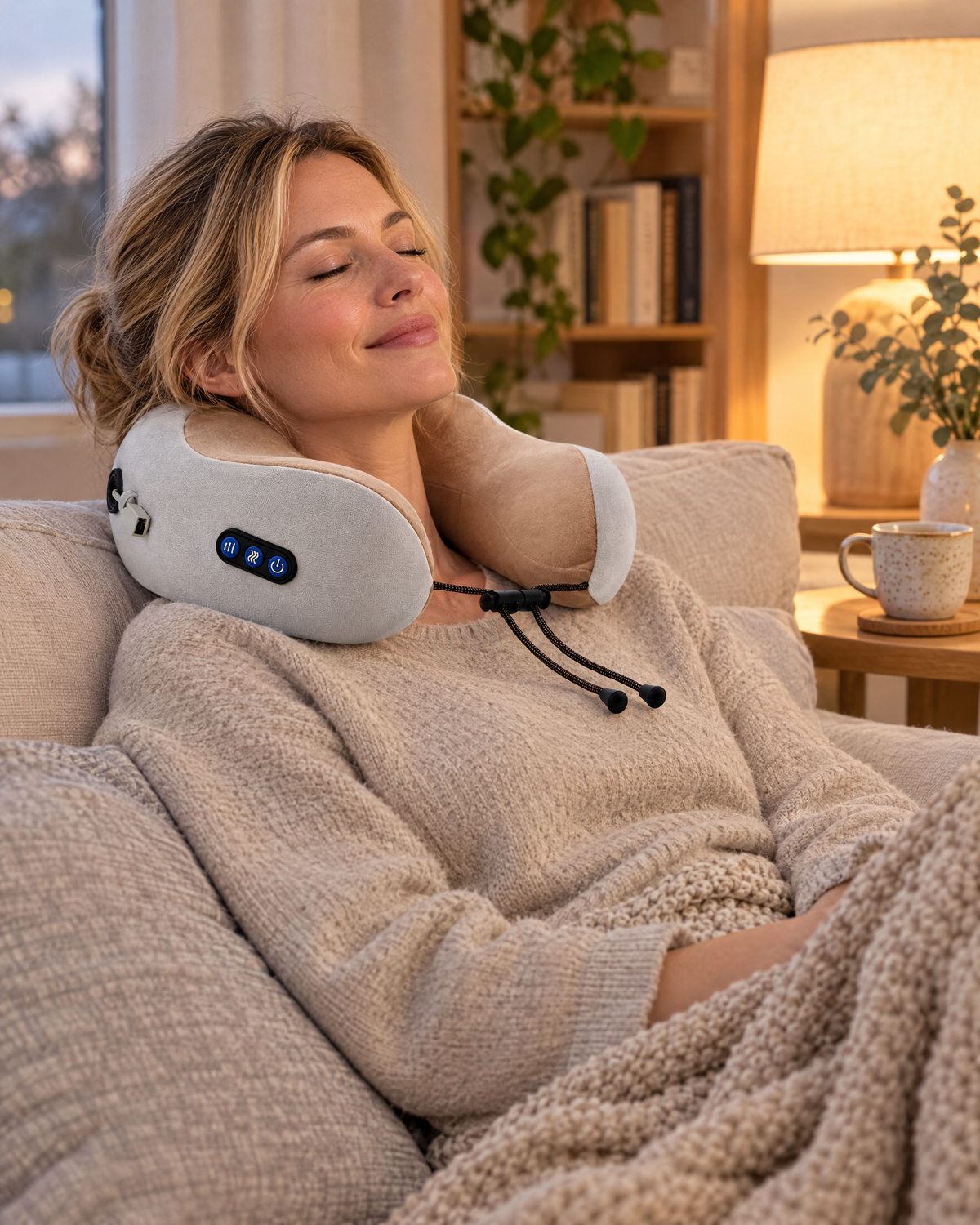 Woman relaxing on the sofa with a kneading neck pillow