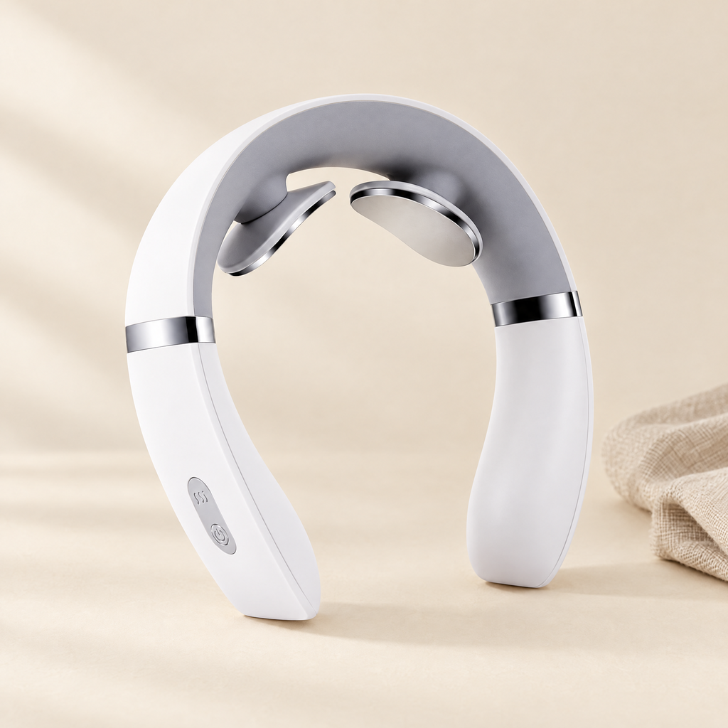 Cordless EMS neck massager on cream background