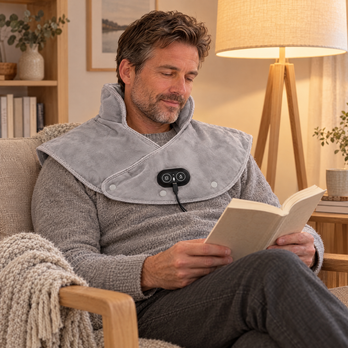 Heated neck and shoulder wrap in use at home