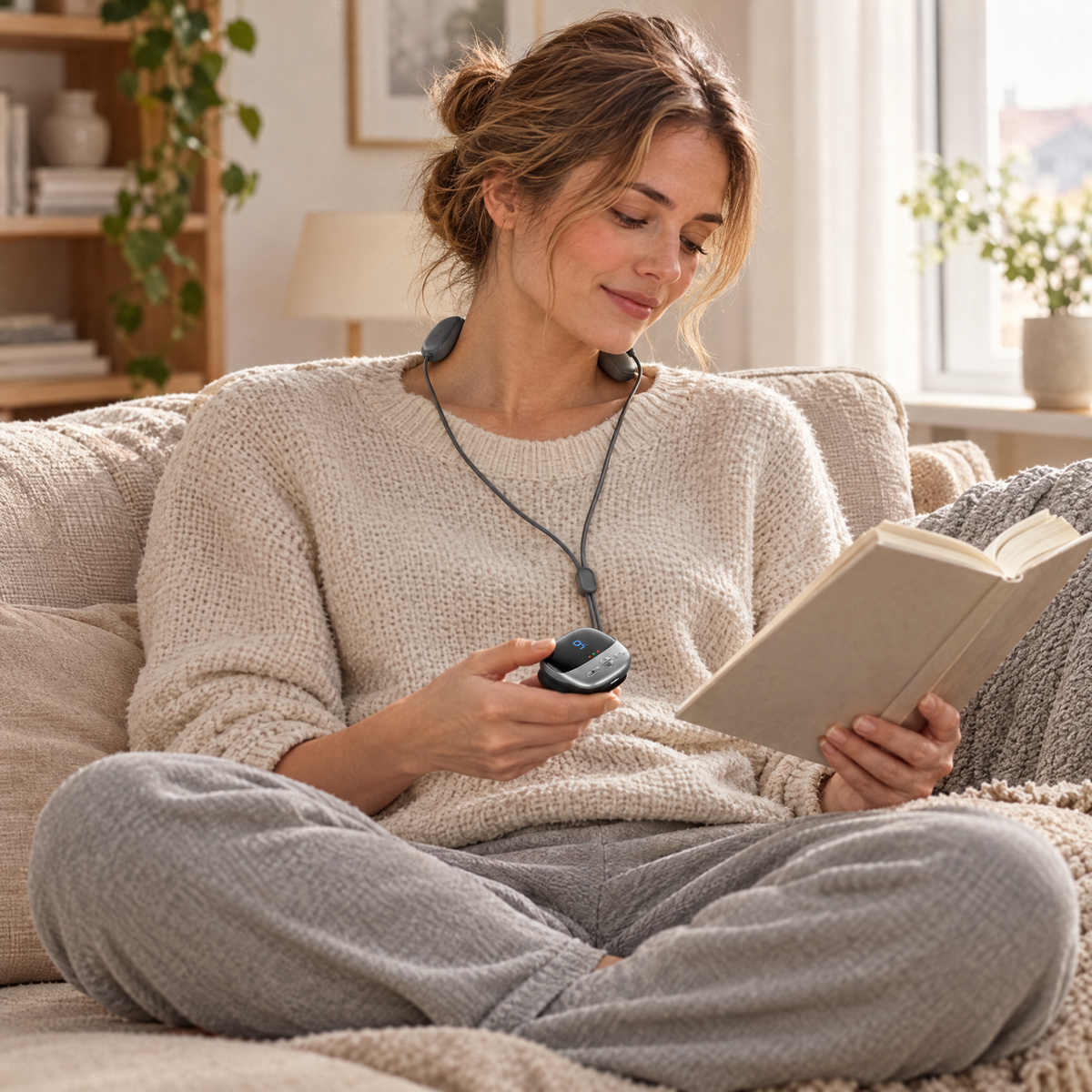 Mini heated neck massager in use at home