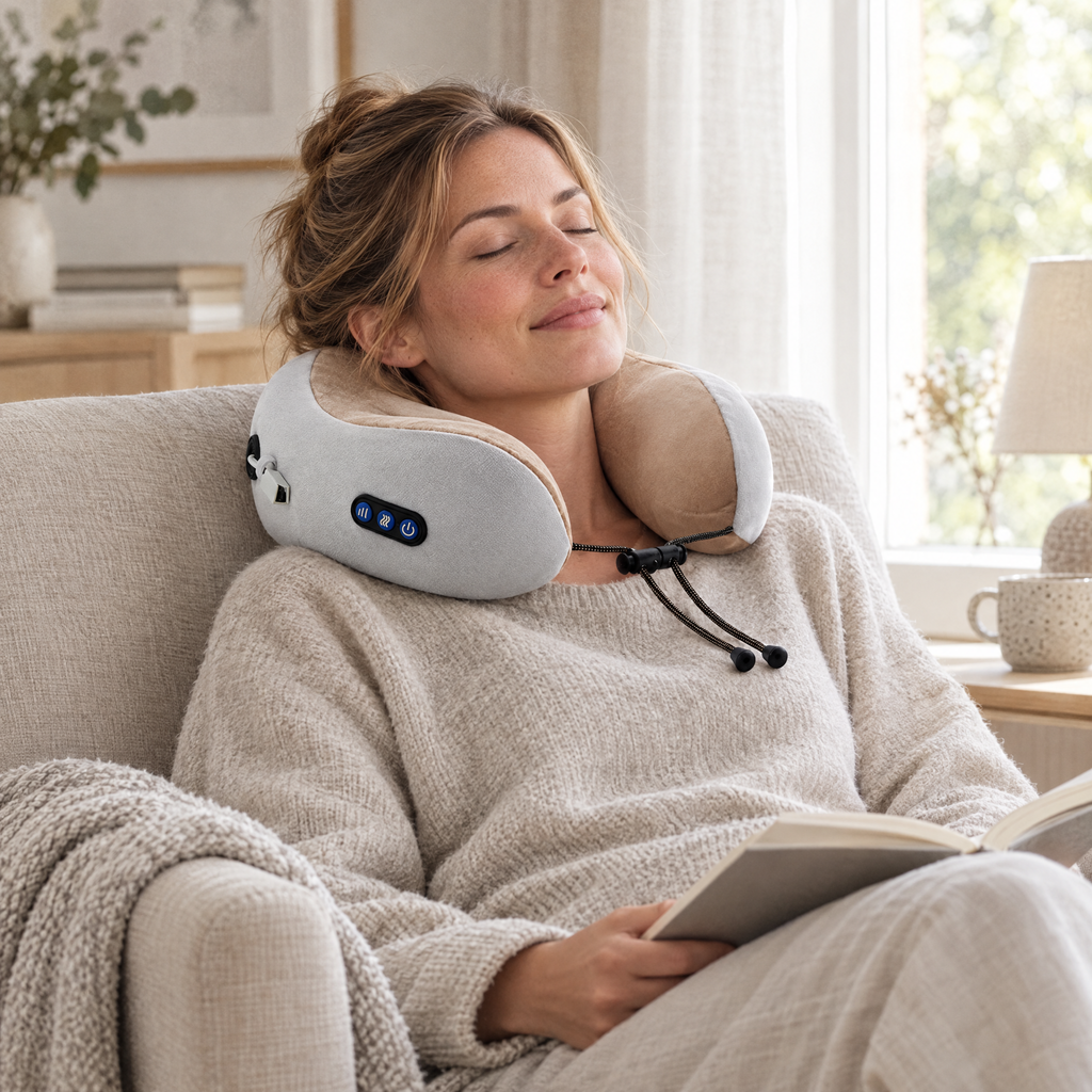 Kneading neck pillow in use at home
