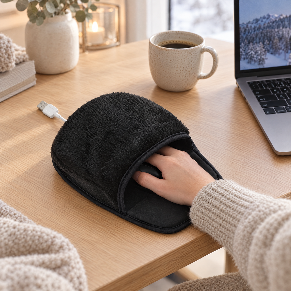 Heated mouse pad hand warmer in use at home