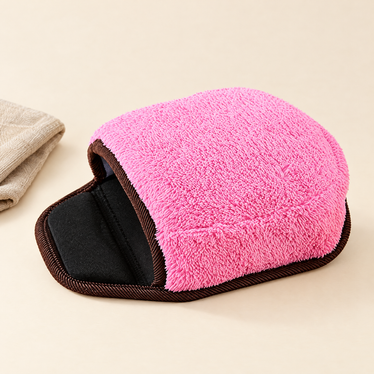 Heated mouse pad hand warmer in pink on cream background