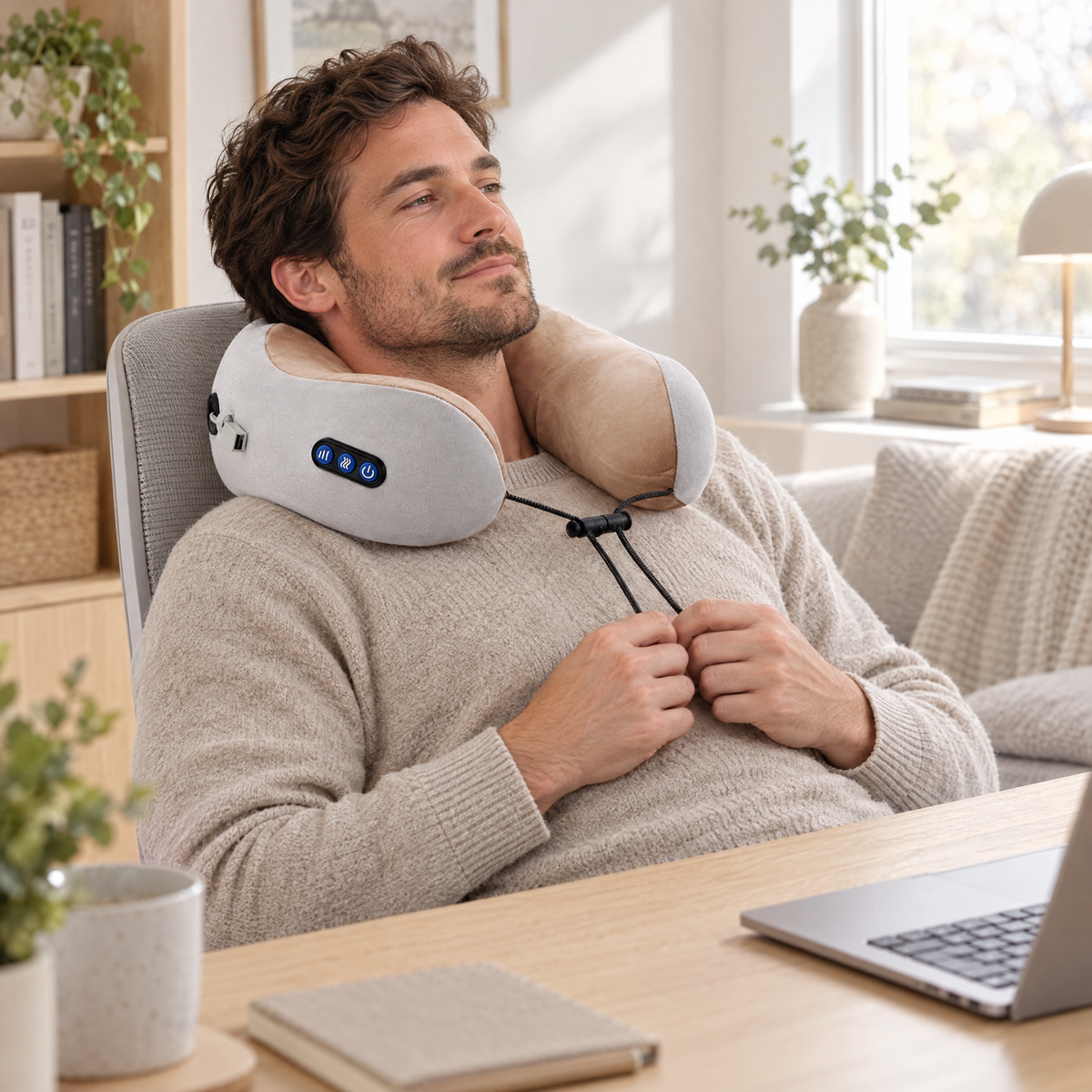 Man at his desk with the kneading neck pillow