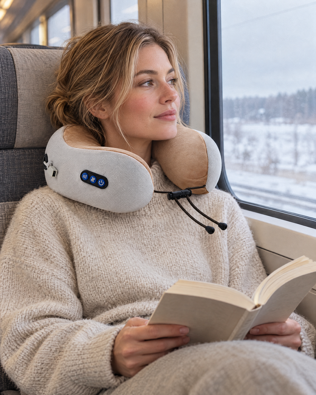 Woman on a train with the kneading neck pillow