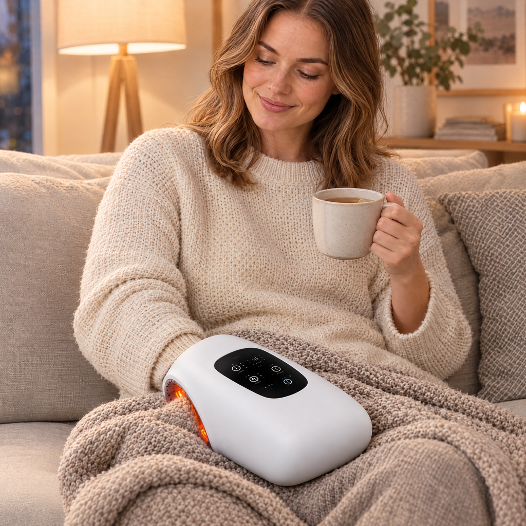 Woman using the heated hand massager on the sofa