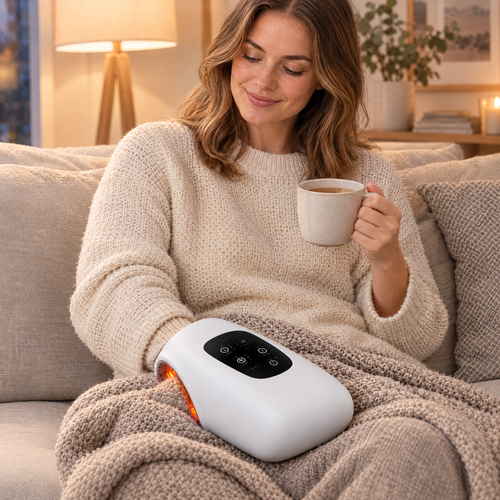 Woman using the heated hand massager on the sofa